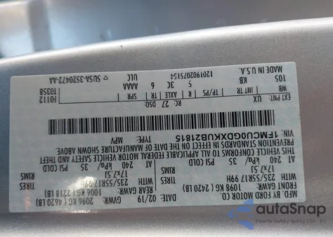 2019 Ford Escape Se z USA, uszkodzony, nr VIN 1FMCU0GDXKUB21815